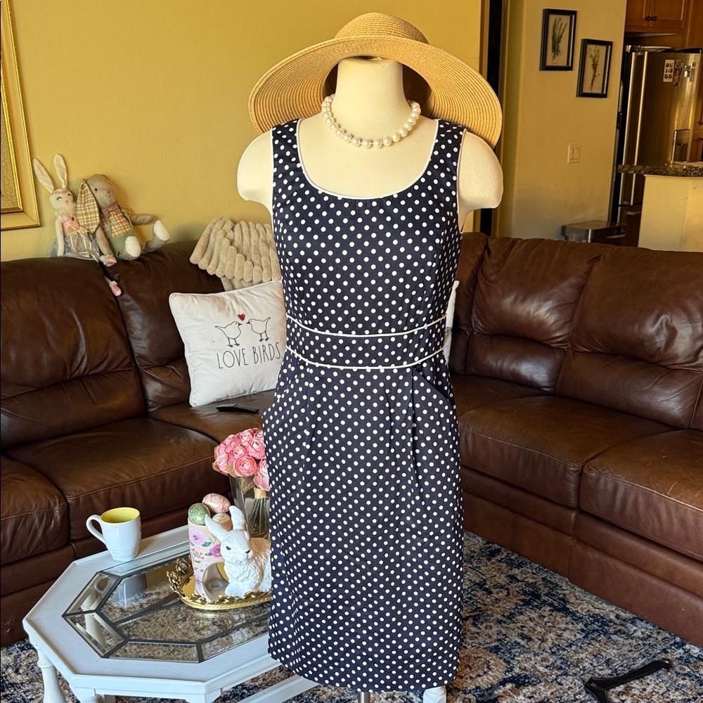 Tahari Arther S. Levine Sleeveless Navy White Polka Dot Midi Dress
